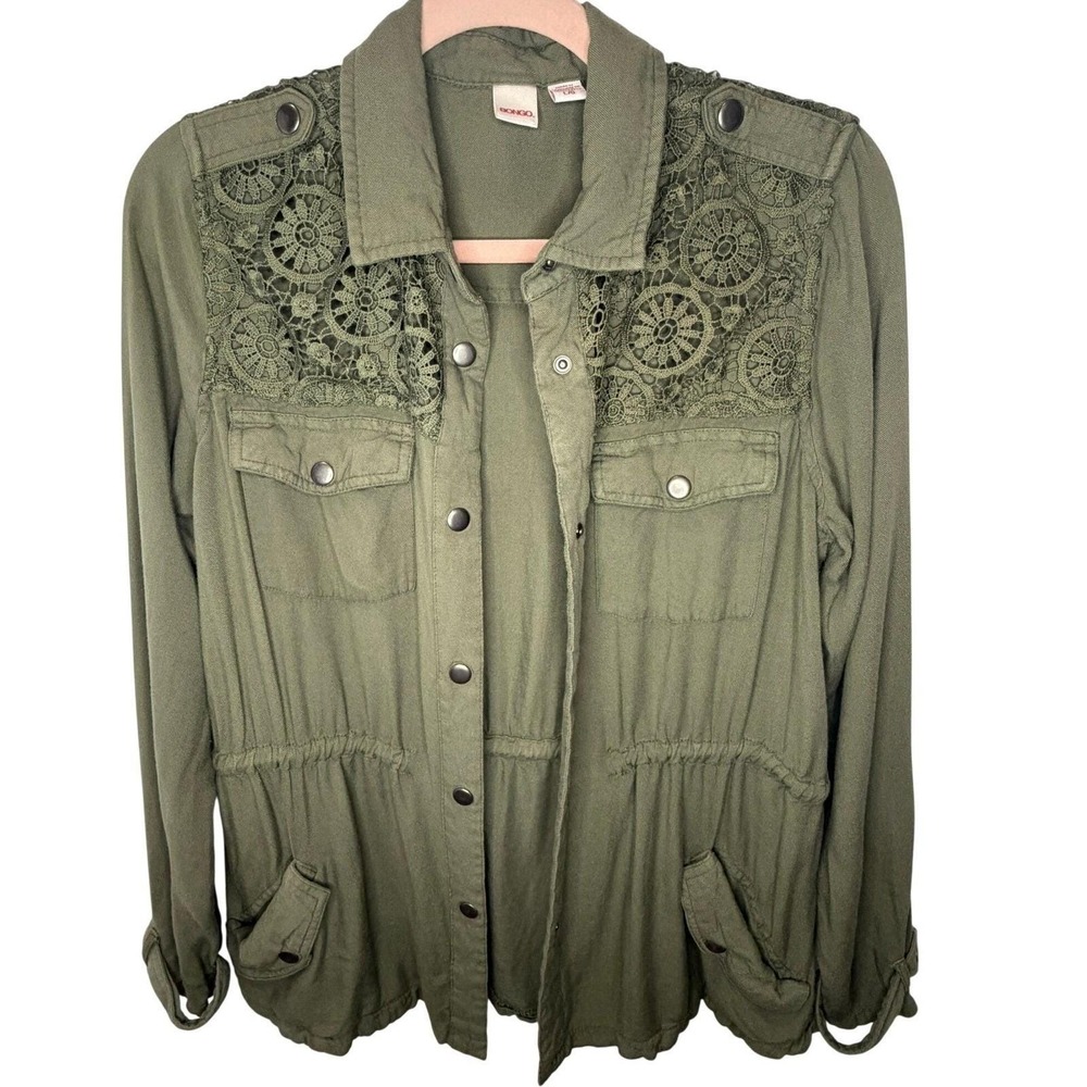 Bongo Utility Jacket Womens Large Olive Green Lace Trim Military Drawstring Coat